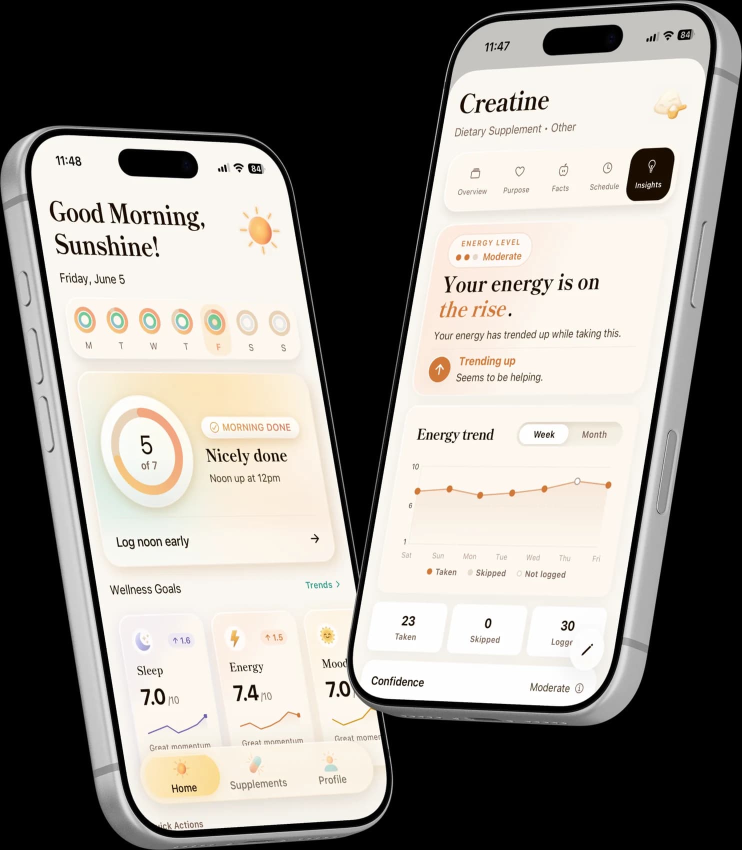 Good Morning Sunshine app — a Home screen with a morning progress ring and Wellness Goals, beside a Creatine insight reading “Your energy is on the rise — seems to be helping.”