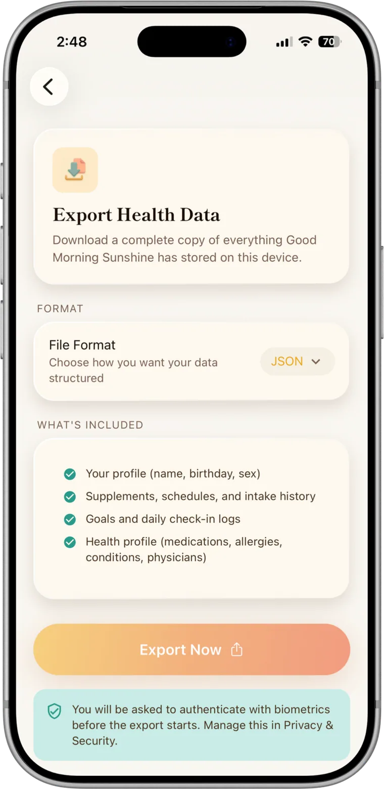 The Good Morning Sunshine Settings screen showing Export Health Data — a complete copy of everything stored on this device — with format options and a list of what’s included.
