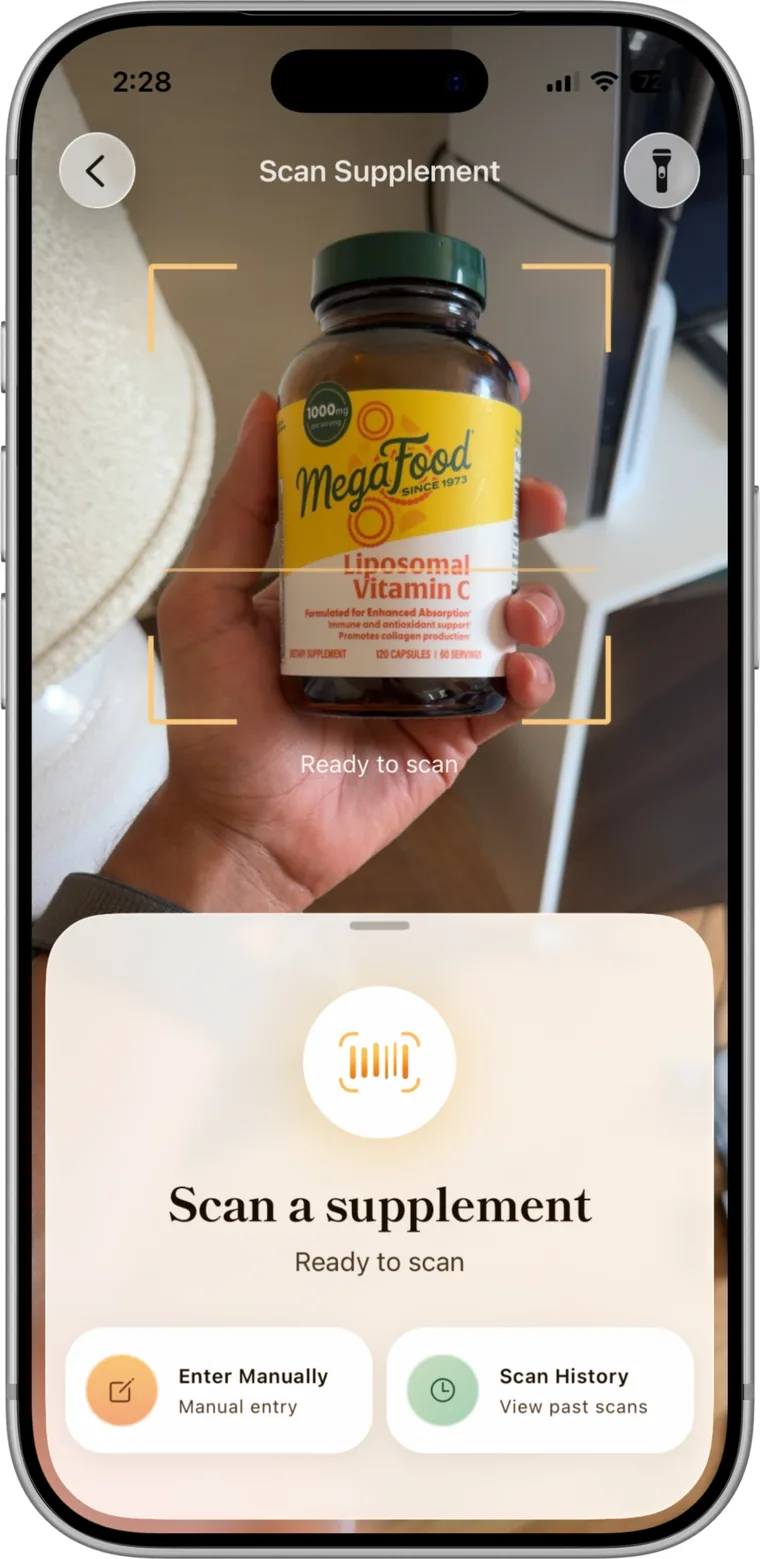 The Good Morning Sunshine Scan Supplement screen: the camera framing a vitamin bottle inside a scan reticle, with a “Scan a supplement — Ready to scan” card and Enter Manually / Scan History options.